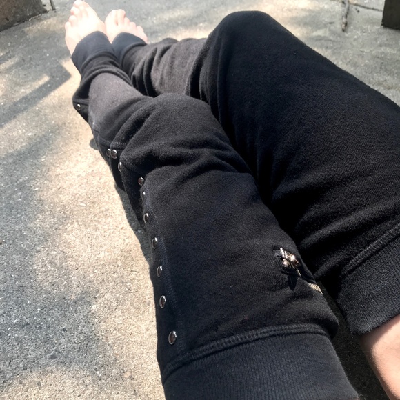 Upcycled Leg Warmers Black Thigh Highs Studded Knee Socks Sweatshirt Zipper Y2k - Picture 9 of 14